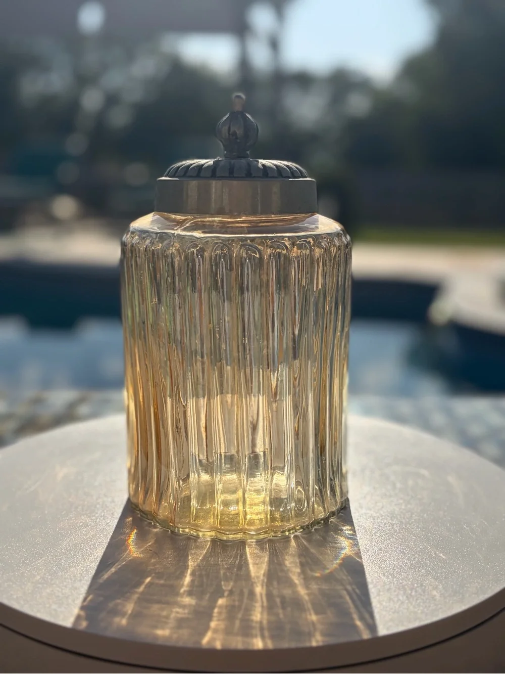 Decorative Amber Glass Jar with Ornate Metal Lid - Home Accents